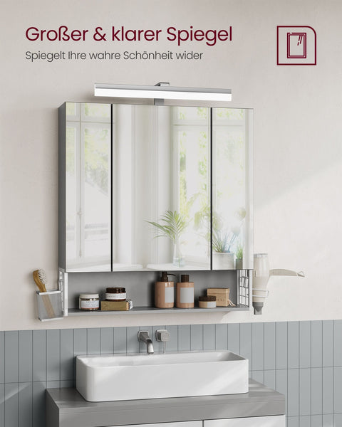 Rootz Bathroom Cabinet - Vanity Storage - Mirror Cabinet - Built-in Sockets - 16.5 x 70 x 75 cm - White - Grey