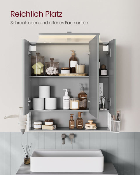 Rootz Bathroom Cabinet - Vanity Storage - Mirror Cabinet - Built-in Sockets - 16.5 x 70 x 75 cm - White - Grey