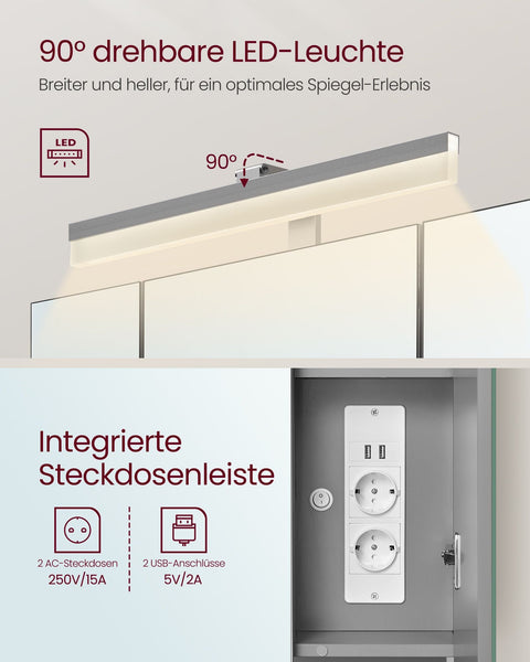 Rootz Bathroom Cabinet - Vanity Storage - Mirror Cabinet - Built-in Sockets - 16.5 x 70 x 75 cm - White - Grey