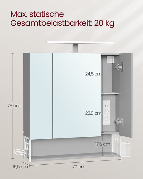 Rootz Bathroom Cabinet - Vanity Storage - Mirror Cabinet - Built-in Sockets - 16.5 x 70 x 75 cm - White - Grey