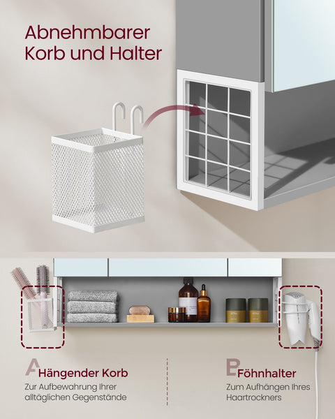 Rootz Bathroom Cabinet - Vanity Storage - Mirror Cabinet - Built-in Sockets - 16.5 x 70 x 75 cm - White - Grey