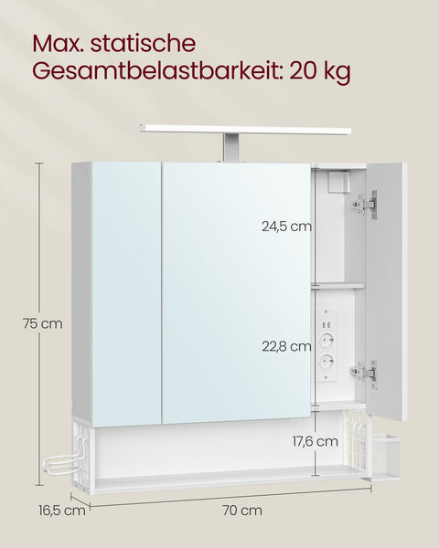 Rootz Bathroom Cabinet - Vanity Cupboard - White Storage - Built-in Sockets - 16.5cm x 70cm x 75cm