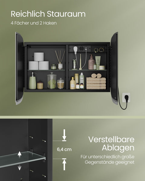 Rootz Spiegelschrank mit Beleuchtung - Mirror Cabinet - Ink Black - Space-Saving Storage - 13.5 x 80 x 59.6cm