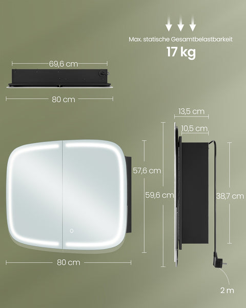 Rootz Spiegelschrank mit Beleuchtung - Mirror Cabinet - Ink Black - Space-Saving Storage - 13.5 x 80 x 59.6cm