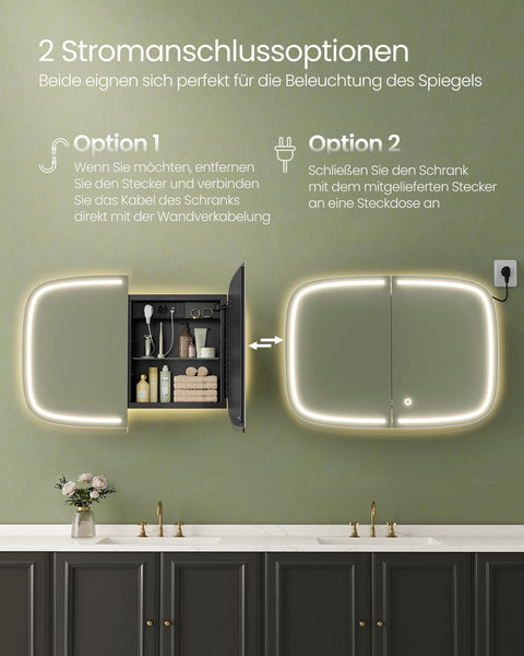 Rootz Black Bathroom Cabinet - Storage Unit - Vanity Stand - Metal/Glass/Acrylic - Illuminated Mirror - 13.5cm x 80cm x 59.6cm