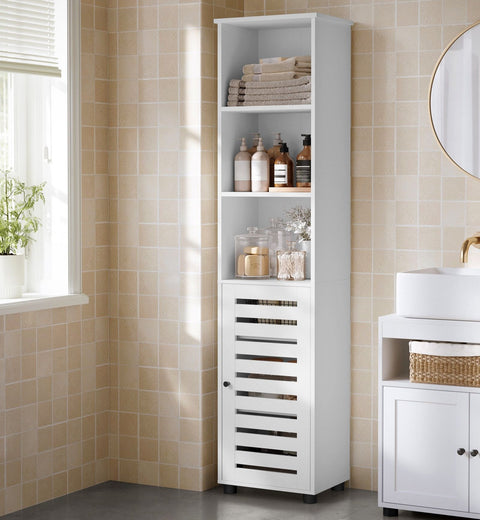 Rootz Tall Cabinet with 3 Open Compartments - Storage Organizer - Cloud White - 30cm x 40cm x 167cm - 20kg - Stylish and Functional