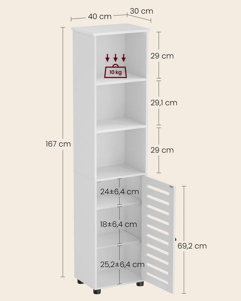 Rootz Tall Cabinet - Storage Unit - Organizer - 3 Open Compartments - White - 30cm x 40cm x 167cm