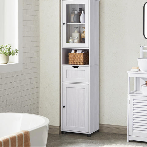 Rootz Bathroom Cabinet - White Wood Grain Storage Unit - Chipboard Glass - 4.5kg Drawer Capacity - 9kg Shelf Capacity - 40cm x 30cm x 165cm