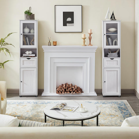 Rootz Bathroom Cabinet - White Wood Grain Storage Unit - Chipboard Glass - 4.5kg Drawer Capacity - 9kg Shelf Capacity - 40cm x 30cm x 165cm