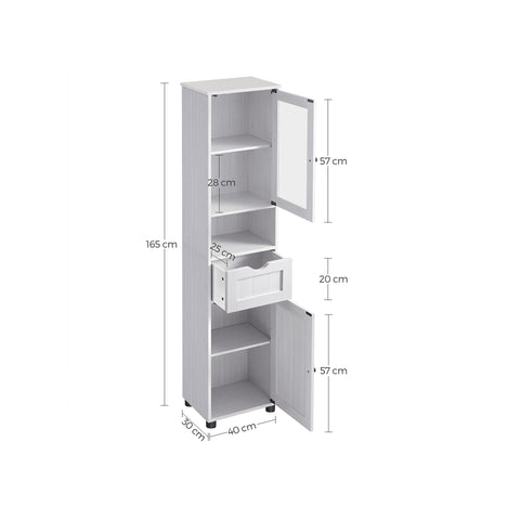 Rootz Bathroom Cabinet - White Wood Grain Storage Unit - Chipboard Glass - 4.5kg Drawer Capacity - 9kg Shelf Capacity - 40cm x 30cm x 165cm