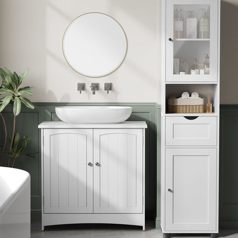 Rootz Bathroom Cabinet - Storage Shelf - Organizer - Chipboard - Glass - 30cm x 40cm x 165cm - Cloud White - Lightweight - Easy Assembly