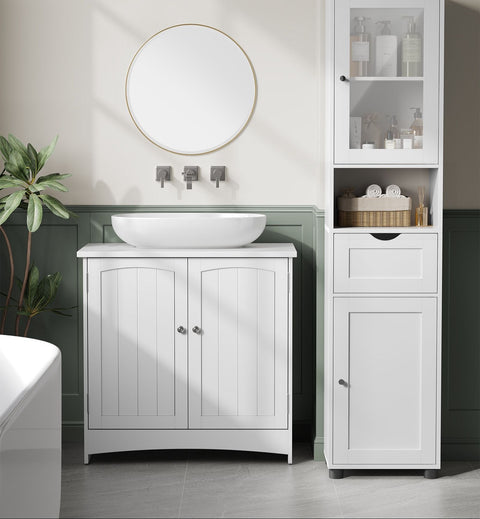 Rootz Bathroom Cabinet - Storage Cupboard - Space Saver - Maximizes Space - 30 x 40 x 165 cm - Chipboard & Glass -  White