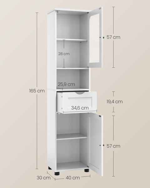 Rootz Bathroom Cabinet - Storage Shelf - Organizer - Chipboard - Glass - 30cm x 40cm x 165cm - Cloud White - Lightweight - Easy Assembly