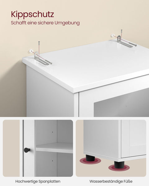 Rootz Bathroom Cabinet - Storage Shelf - Organizer - Chipboard - Glass - 30cm x 40cm x 165cm - Cloud White - Lightweight - Easy Assembly