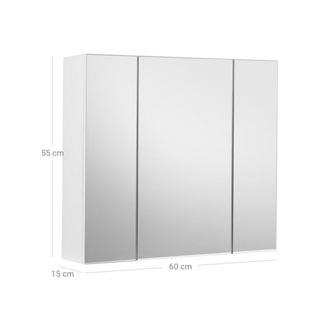 Rootz White Mirror Cabinet - Wall Mounted Storage - Bathroom Shelf - Space-Saving - 60cm x 15cm x 55cm