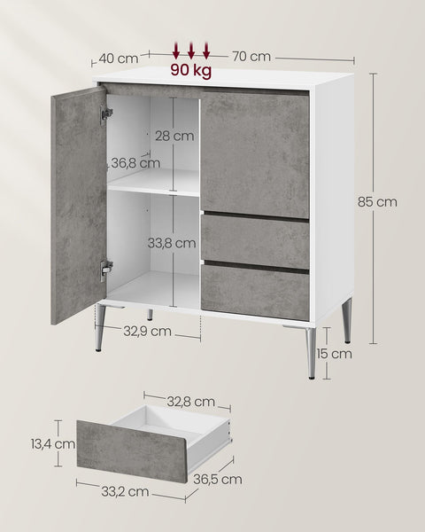 Rootz Storage Cabinet - Organizer - Container -White- Grey - Space-Saving - 40cm x 70cm x 85cm