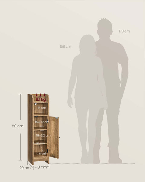Rootz Narrow Bathroom Cabinet - Slim Storage Unit - Compact Organizer - Brown MDF - 20cm x 18cm x 80cm