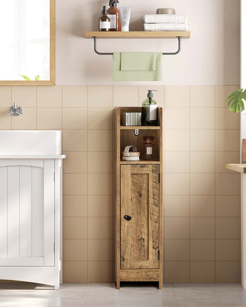 Rootz Narrow Bathroom Cabinet - Slim Storage Unit - Compact Organizer - Brown MDF - 20cm x 18cm x 80cm