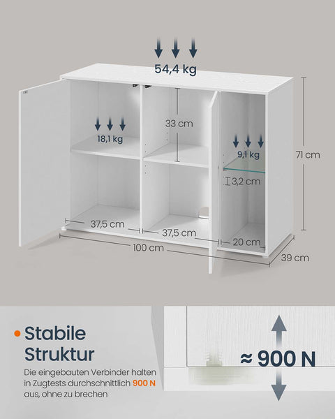 Rootz White Storage Cabinet - Wooden Chipboard - MDF Glass - Spacious Design - 39cm x 100cm x 71cm