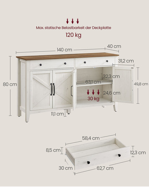 Rootz Kitchen Cabinet with Drawers - Sideboard - Storage Organizer - Durable Wooden-MDF - 40 x 140 x 80 cm
