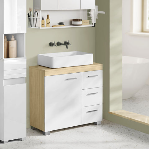Rootz MDF Sink Base Cabinet - Bathroom Vanity - Storage Unit - Cloud White-Natural Beige - Medium Density Fiberboard - 30cm x 70cm x 64cm - 20cm x 15cm Opening for Siphon - 18.2kg Weight - 91kg Load Capacity