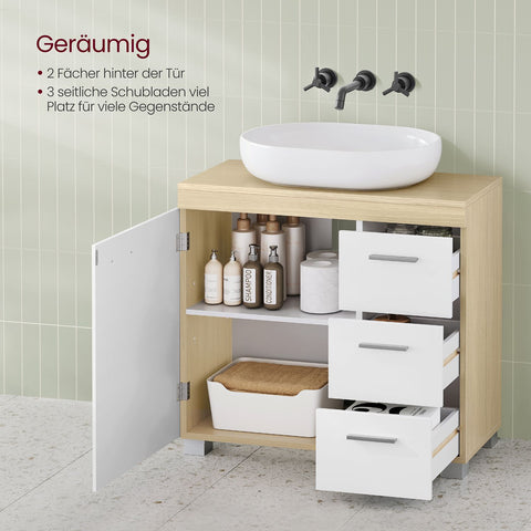 Rootz Sink Base Cabinet - Vanity Cabinet - Bathroom Storage - 3 Large Drawers -  White-Brown - MDF - 30 x 70 x 64 cm