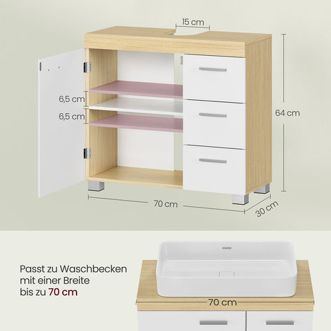 Rootz Sink Base Cabinet - Vanity Cabinet - Bathroom Storage - 3 Large Drawers -  White-Brown - MDF - 30 x 70 x 64 cm
