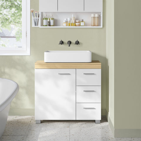 Rootz MDF Sink Base Cabinet - Bathroom Vanity - Storage Unit - Cloud White-Natural Beige - Medium Density Fiberboard - 30cm x 70cm x 64cm - 20cm x 15cm Opening for Siphon - 18.2kg Weight - 91kg Load Capacity