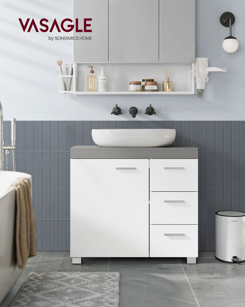 Rootz White-Cement Gray Sink Base Cabinet - Bathroom Vanity - Storage Unit - MDF Construction - Spacious Design - Easy Assembly - 30cm x 70cm x 64cm