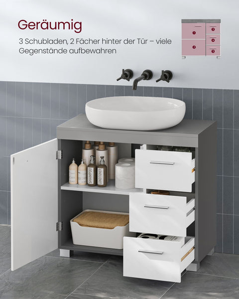 Rootz White-Cement Gray Sink Base Cabinet - Bathroom Vanity - Storage Unit - MDF Construction - Spacious Design - Easy Assembly - 30cm x 70cm x 64cm