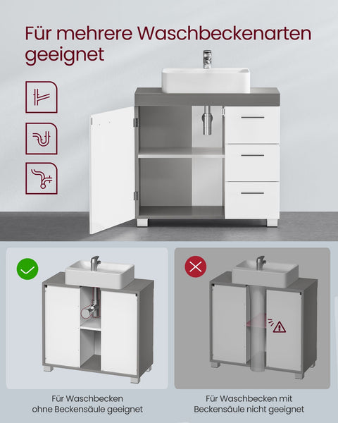 Rootz White-Cement Gray Sink Base Cabinet - Bathroom Vanity - Storage Unit - MDF Construction - Spacious Design - Easy Assembly - 30cm x 70cm x 64cm
