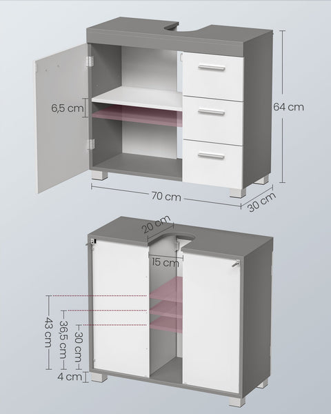 Rootz Sink Base Cabinet - Vanity Cabinet - Under Sink Storage - 2 Compartments - MDF - 30cm x 70cm x 64cm