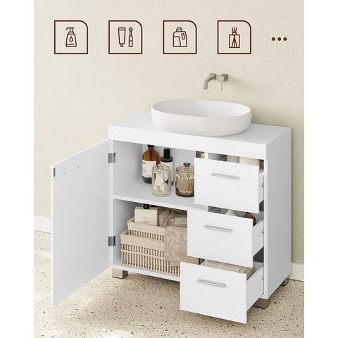 Rootz White Sink Base Cabinet - Bathroom Vanity - Storage Unit - MDF Construction - Metal Handles - 30cm x 70cm x 64cm - 20cm x 15cm Siphon Opening - 18.7kg Weight - 91kg Load Capacity