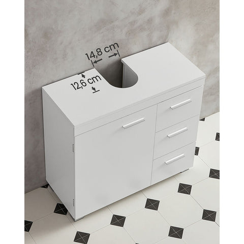Rootz White Sink Base Cabinet - Bathroom Vanity - Storage Unit - MDF Construction - Metal Handles - 30cm x 70cm x 64cm - 20cm x 15cm Siphon Opening - 18.7kg Weight - 91kg Load Capacity