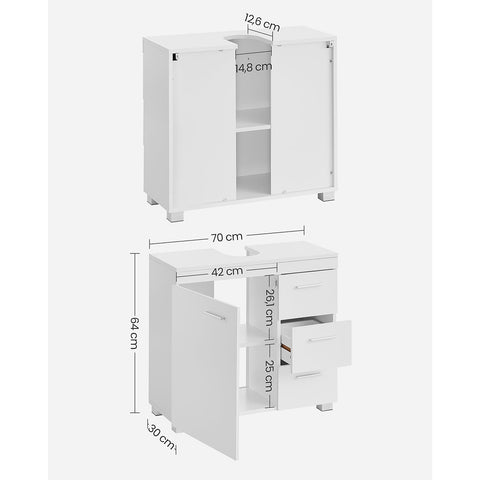 Rootz White Sink Base Cabinet - Bathroom Vanity - Storage Unit - MDF Construction - Metal Handles - 30cm x 70cm x 64cm - 20cm x 15cm Siphon Opening - 18.7kg Weight - 91kg Load Capacity