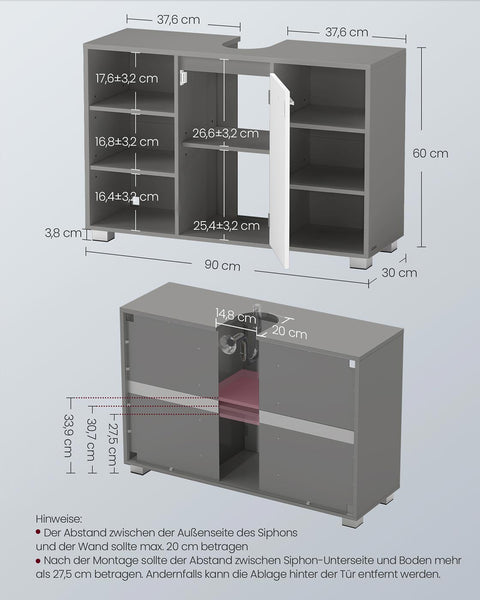 Rootz Sink Unit Bathroom Cabinet - Vanity Chest - Storage Cupboard - Compact Design - 30cm x 90cm x 60cm