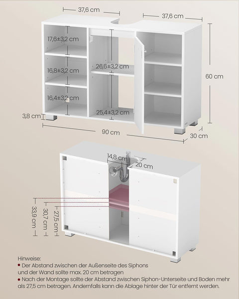 Rootz White Sink Unit - Wash Basin Cabinet - Bathroom Storage - Durable Wooden Chipboard - 30 x 90 x 60 cm