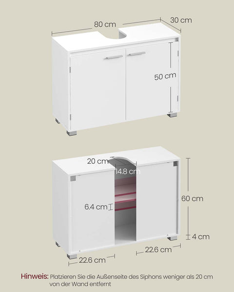 Rootz Bathroom Sink Cabinet - Vanity Cupboard - Storage Unit - Space-Saving Design - 30 x 80 x 60 cm - White