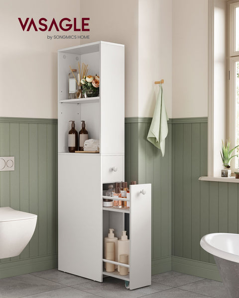 Rootz Bathroom Cabinet - Storage Unit - Chipboard Organizer - Classic White - Spacious Design - Easy Assembly - Anti-Tip Feature - 40cm x 18cm x 134.4cm