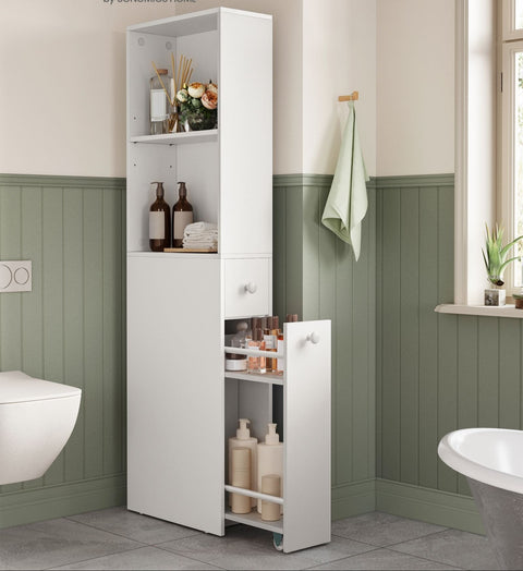Rootz Bathroom Cabinet - High Storage Unit - Narrow Organizer - Classic White Chipboard - 40cm x 18cm x 134.4cm