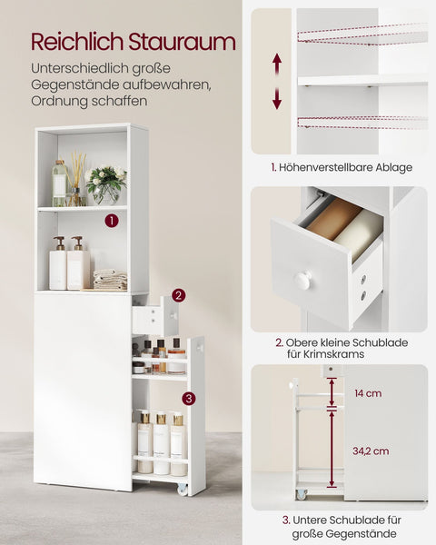 Rootz Bathroom Cabinet - Storage Unit - Chipboard Organizer - Classic White - Spacious Design - Easy Assembly - Anti-Tip Feature - 40cm x 18cm x 134.4cm