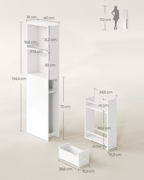 Rootz Bathroom Cabinet - Storage Unit - Chipboard Organizer - Classic White - Spacious Design - Easy Assembly - Anti-Tip Feature - 40cm x 18cm x 134.4cm