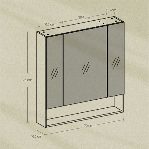 Rootz Bathroom Cabinet with 3 Doors - Mirror Cabinet - Bathroom Storage - Space-Saving Design - 16.5cm x 70cm x 75cm