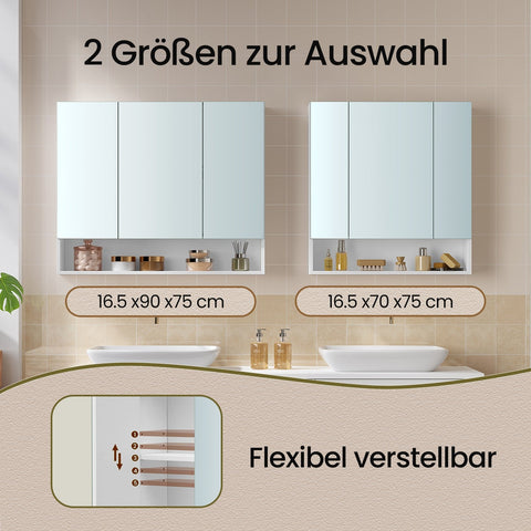 Rootz Bathroom Cabinet - Mirror Cabinet - 3 Door Bathroom Storage - Space Saver - 16.5cm x 70cm x 75cm