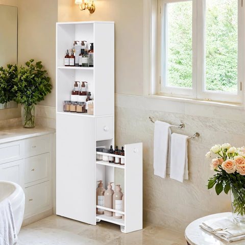 Rootz Bathroom Cabinet - Tall Cabinet - Narrow Bathroom Storage - Space-Saving - 40cm x 18cm x 134.4cm - Classical White Chipboard