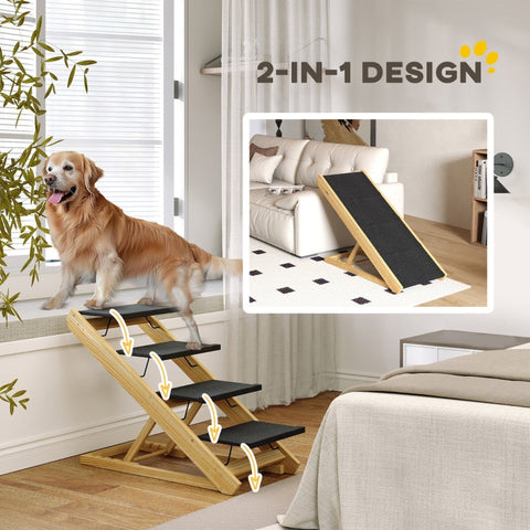 Rootz Pet Stairs - Dog Staircase & Ramp - Pine Wood - Adjustable Height - Foldable Design - Non-Slip Surface - 83cm x 40cm x 62.5cm