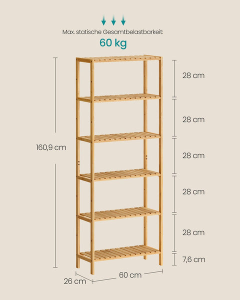 Rootz Bamboo Shelf Unit - Brown - 6 Tier Storage - Eco-Friendly - 26 x 60 x 160.9 cm