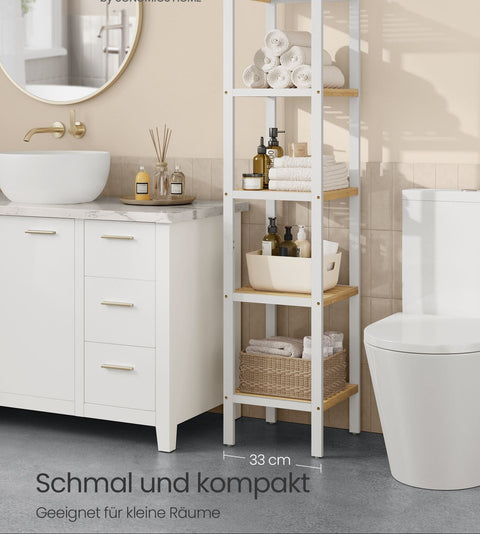 Rootz 5 Level Bathroom Shelf - Storage Rack - Organizing Stand - Space-Saving - White, Brown - 33 x 33 x 146 cm