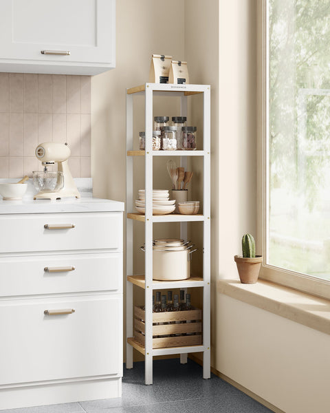 Rootz 5 Level Bathroom Shelf - Storage Rack - Organizing Stand - Space-Saving - White, Brown - 33 x 33 x 146 cm