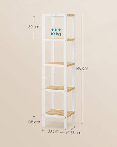 Rootz 5 Level Bathroom Shelf - Storage Rack - Organizing Stand - Space-Saving - White, Brown - 33 x 33 x 146 cm